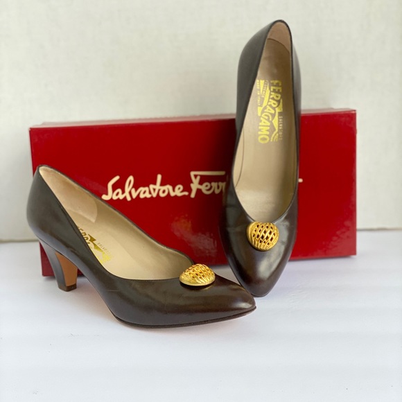Salvatore Ferragamo Brown Leather Gold Pumps - Picture 2 of 8